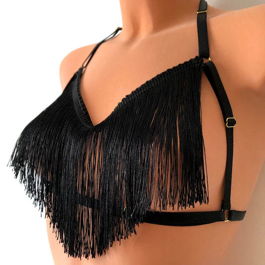 Black shimmy fringe draped halter bra on a mannequin - front diagonal