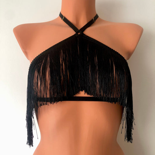 Black shimmy fringe halter bra on a mannequin - front