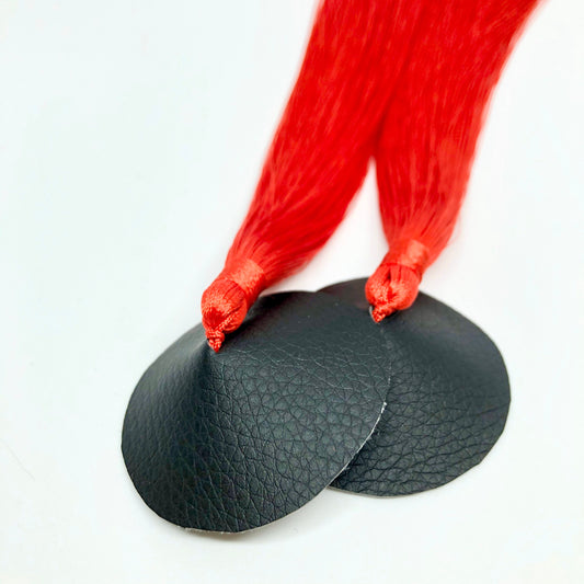 Red tassels black faux leather burlesque pasties nipple covers with thick and long red silk tassels