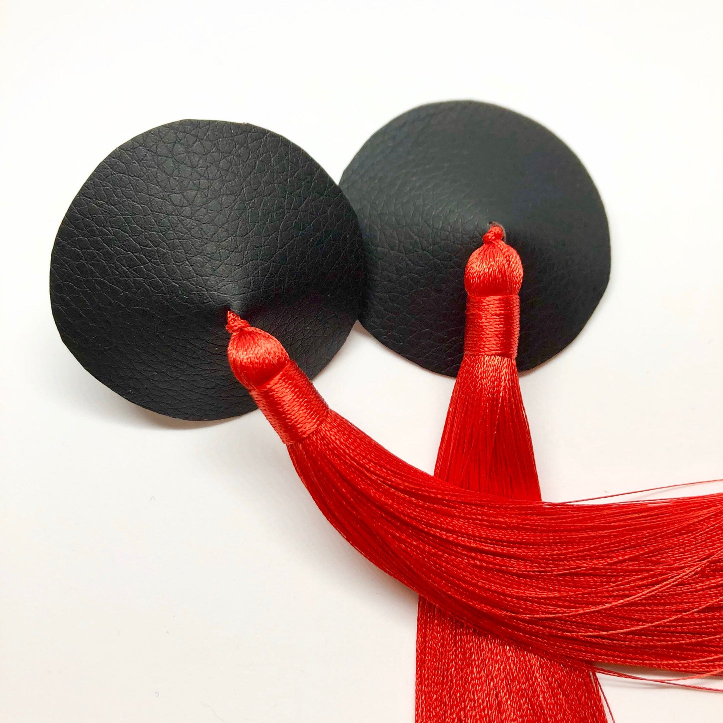 Red tassels black faux leather burlesque pasties nipple covers with thick and long red silk tassels