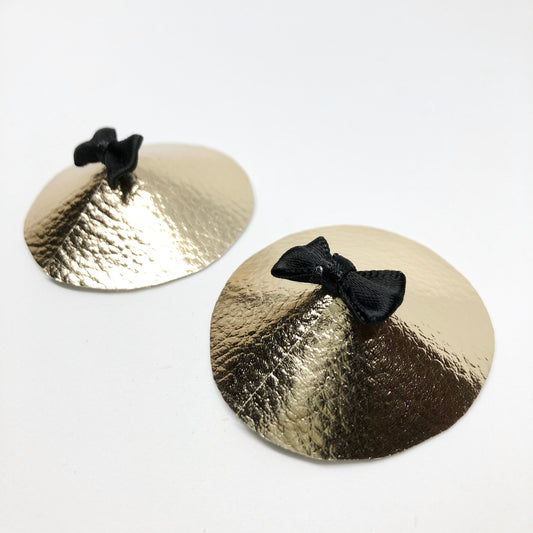 Gold faux leather burlesque pastie nippie covers with mini bows