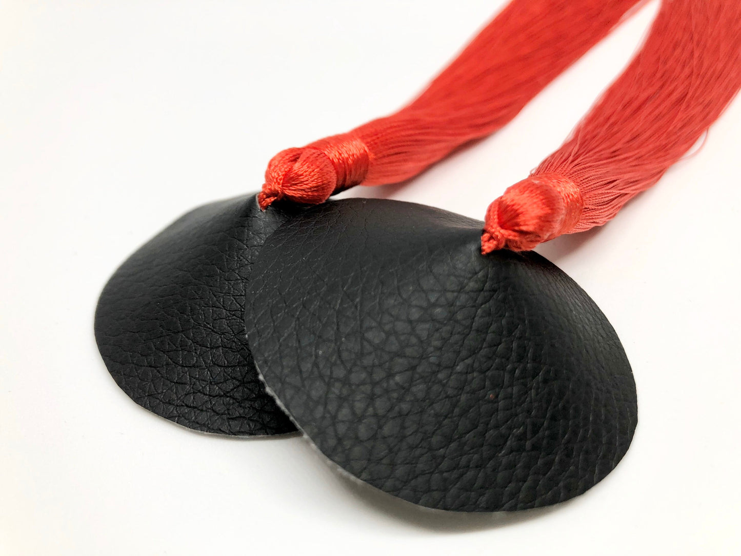 Red tassels black faux leather burlesque pasties nipple covers with thick and long red silk tassels