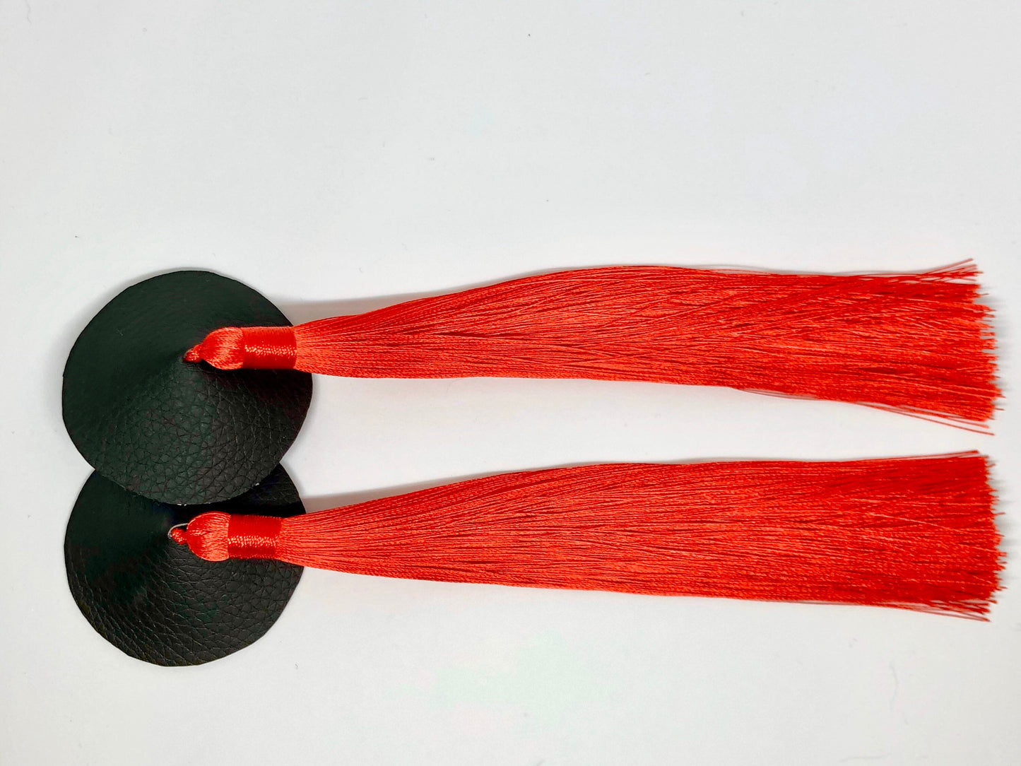 Red tassels black faux leather burlesque pasties nipple covers with thick and long red silk tassels