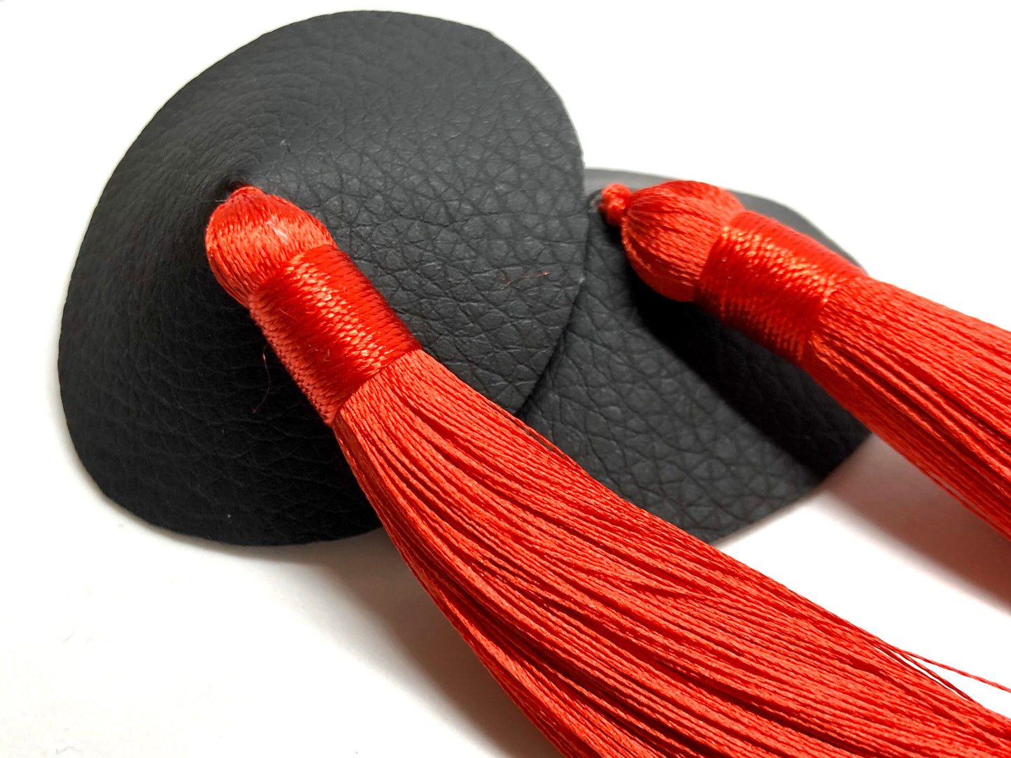 Red tassels black faux leather burlesque pasties nipple covers with thick and long red silk tassels