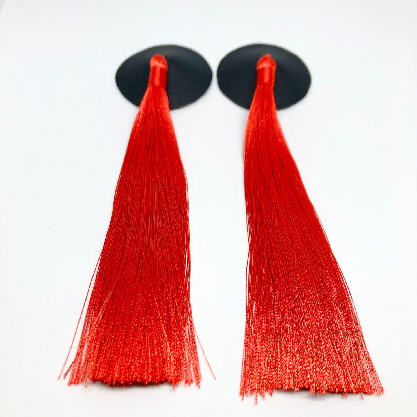 Red tassels black faux leather burlesque pasties nipple covers with thick and long red silk tassels