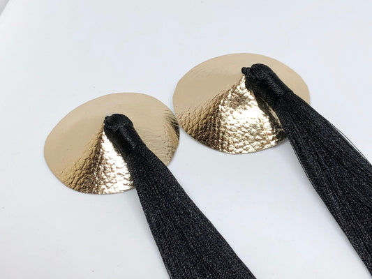 Gold faux leather burlesque pasties nipple covers with thick and long black silk tassels