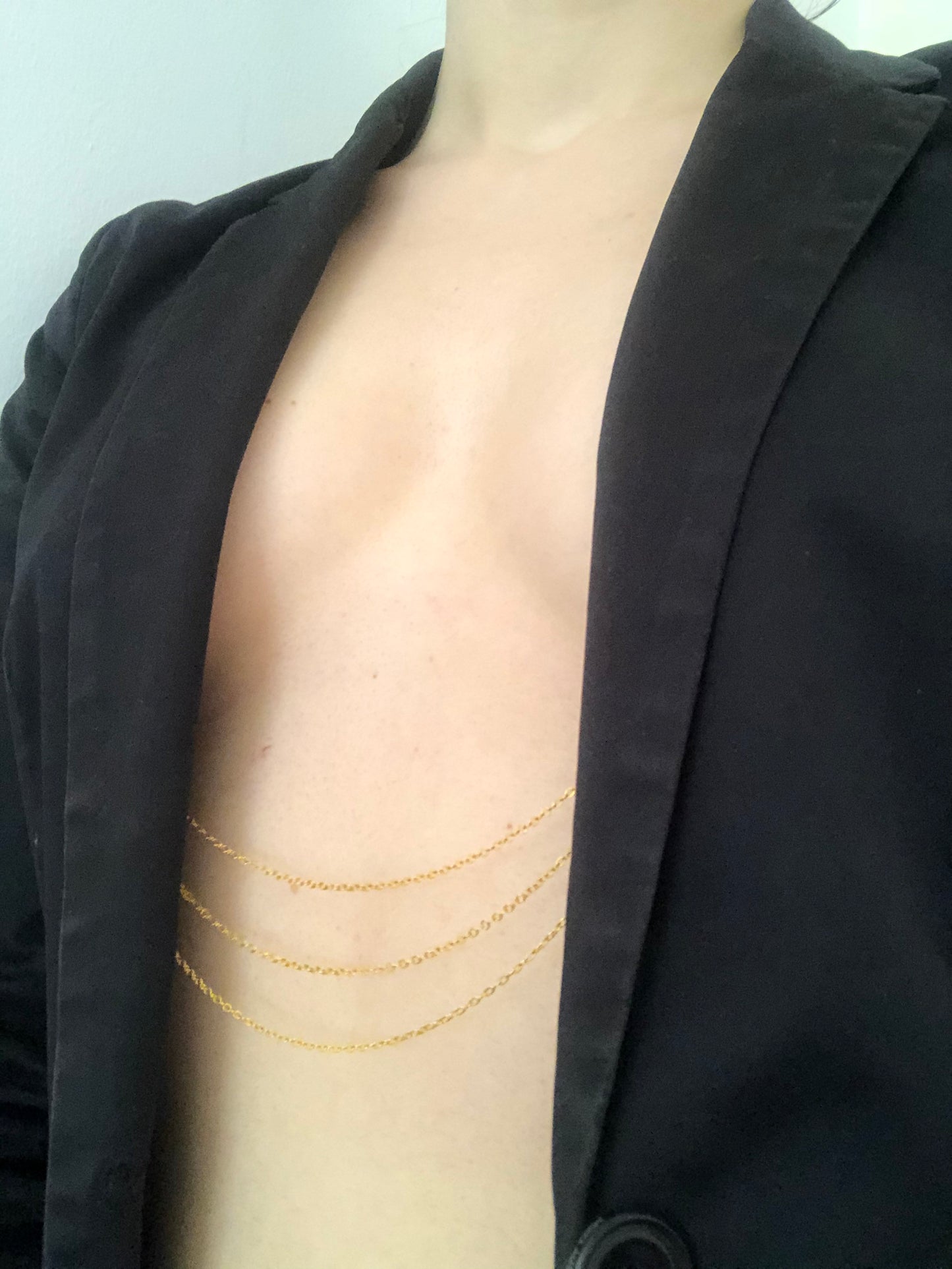Gold chain black faux leather burlesque pasties nipple covers linked with gold chains