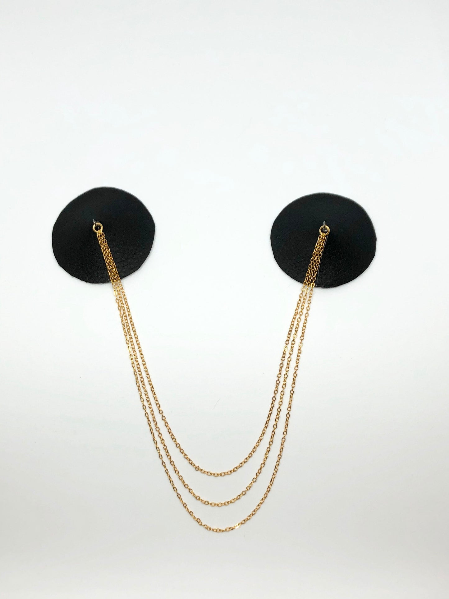 Gold chain black faux leather burlesque pasties nipple covers linked with gold chains