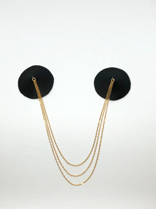 Gold chain black faux leather burlesque pasties nipple covers linked with gold chains