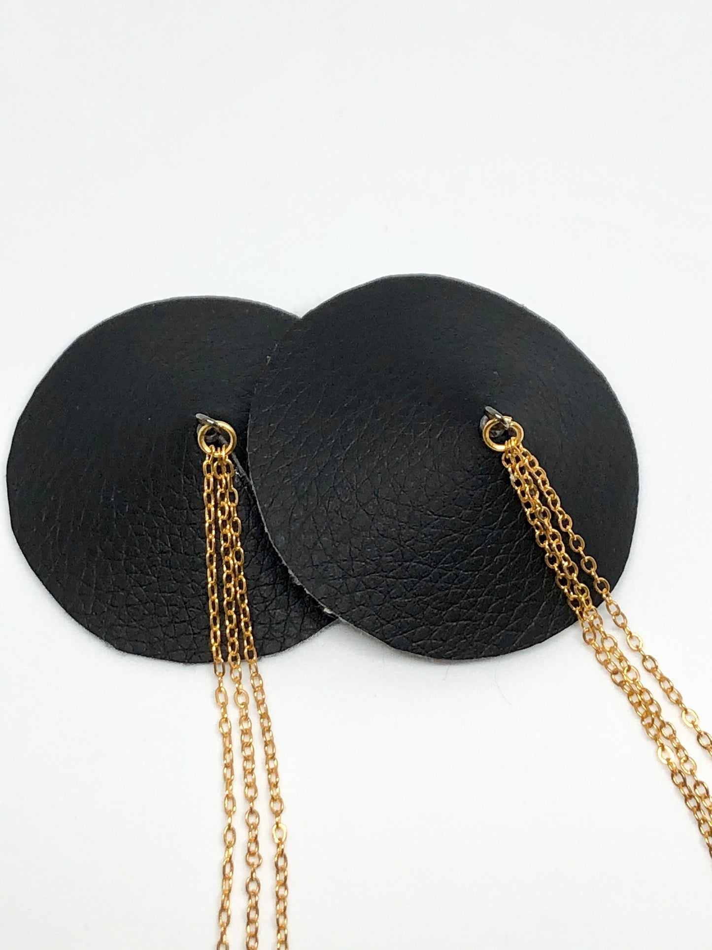 Gold chain black faux leather burlesque pasties nipple covers linked with gold chains