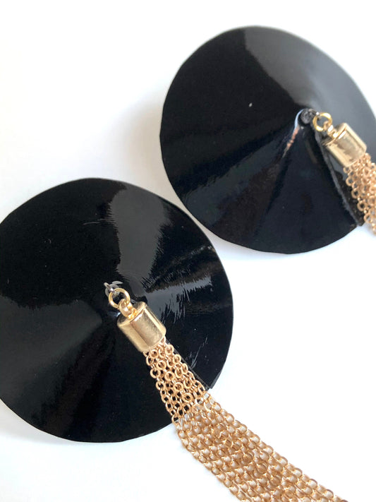Black glossy patent faux leather burlesque pasties nipple covers with gold chain tassels