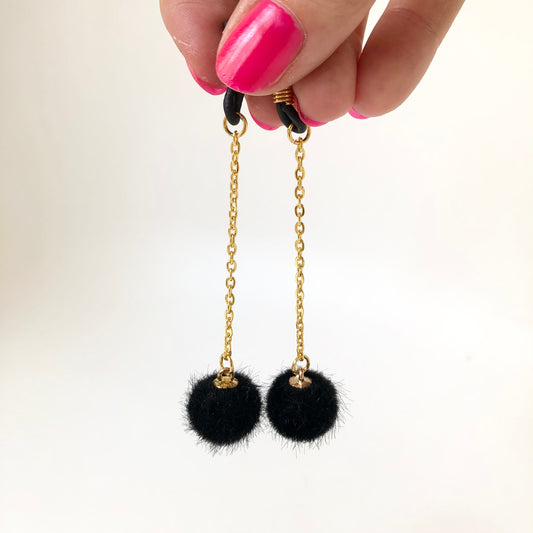Black fuzzy balls on gold plated chain non-piercing nipple jewellery