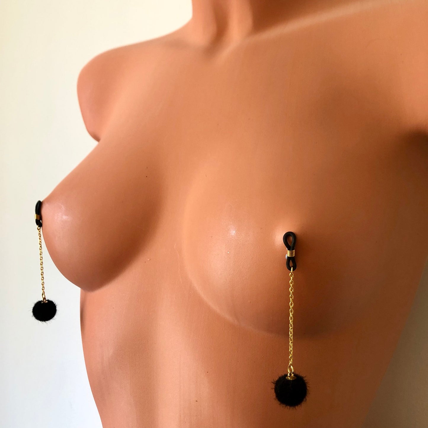 Black fuzzy balls on gold plated chain non-piercing nipple jewellery