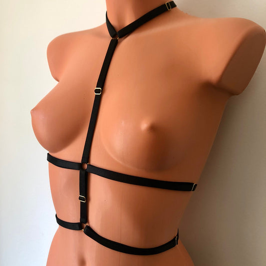 Elastic chest harness | choker style to underbust to waistline body straps | cupless open cage bra | crotchless lingerie