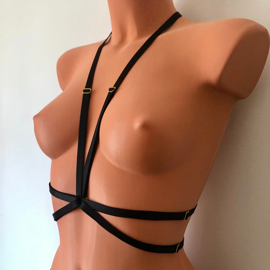 Double elastic chest harness | low style to waistline body straps | cupless open cage bra | crotchless lingerie