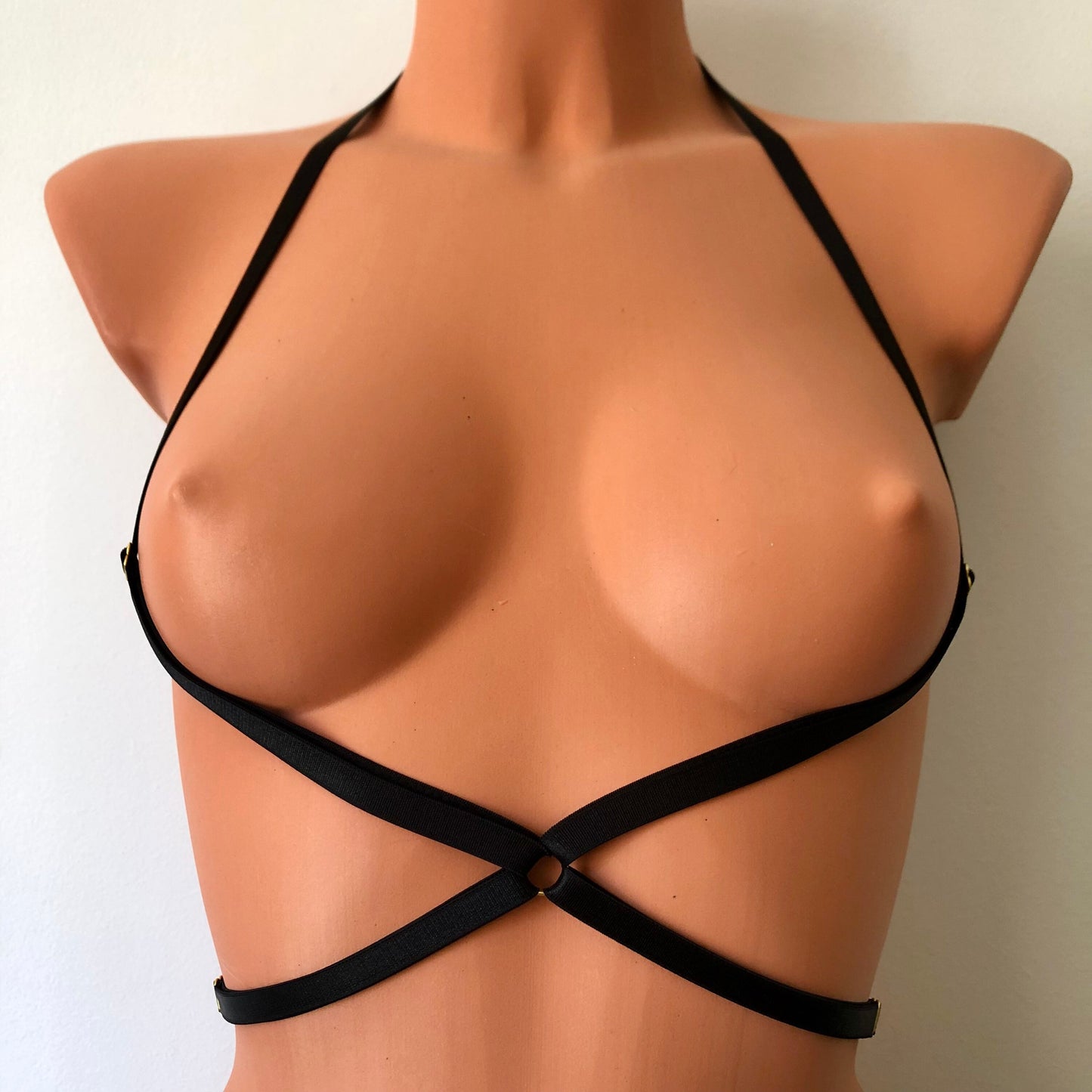 Elastic chest harness | low style to waistline body straps | cupless open cage bra | crotchless lingerie