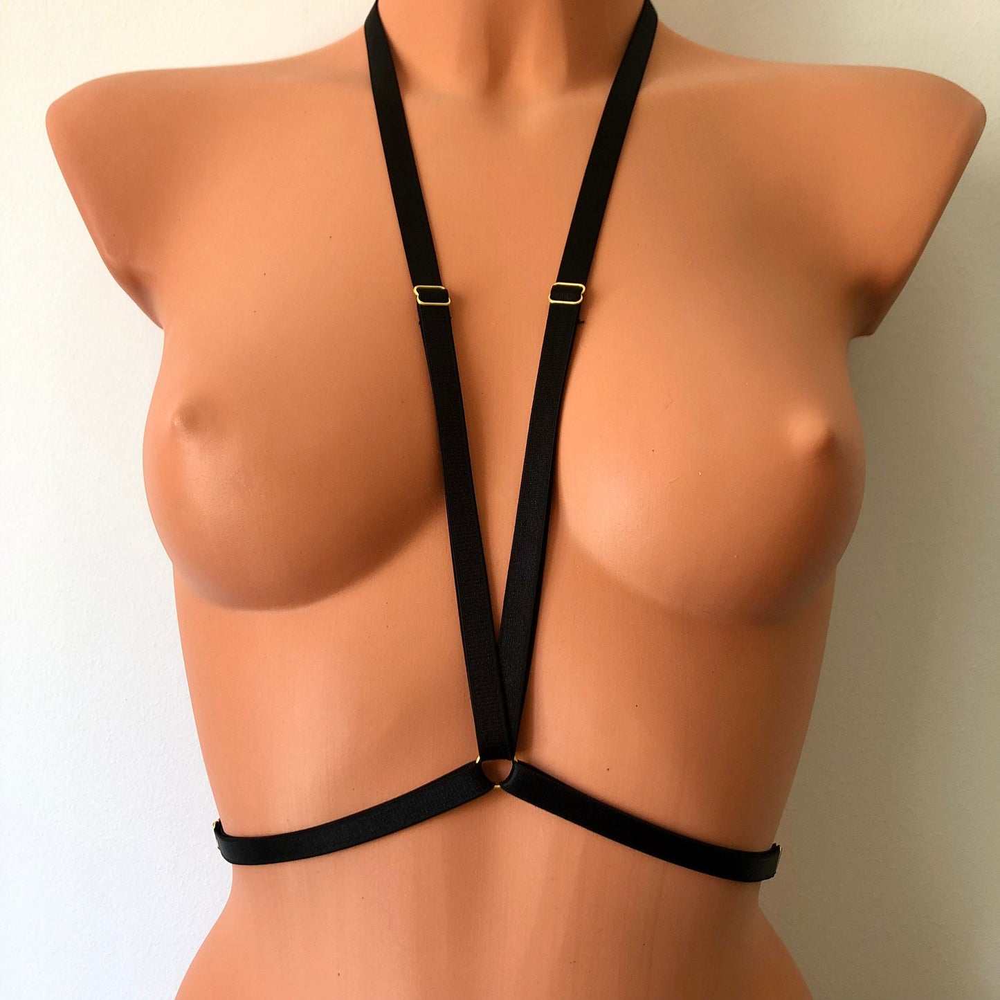 Elastic chest harness | low style to waistline body straps | cupless open cage bra | crotchless lingerie