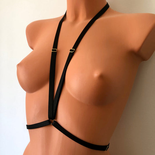 Elastic chest harness | low style to waistline body straps | cupless open cage bra | crotchless lingerie