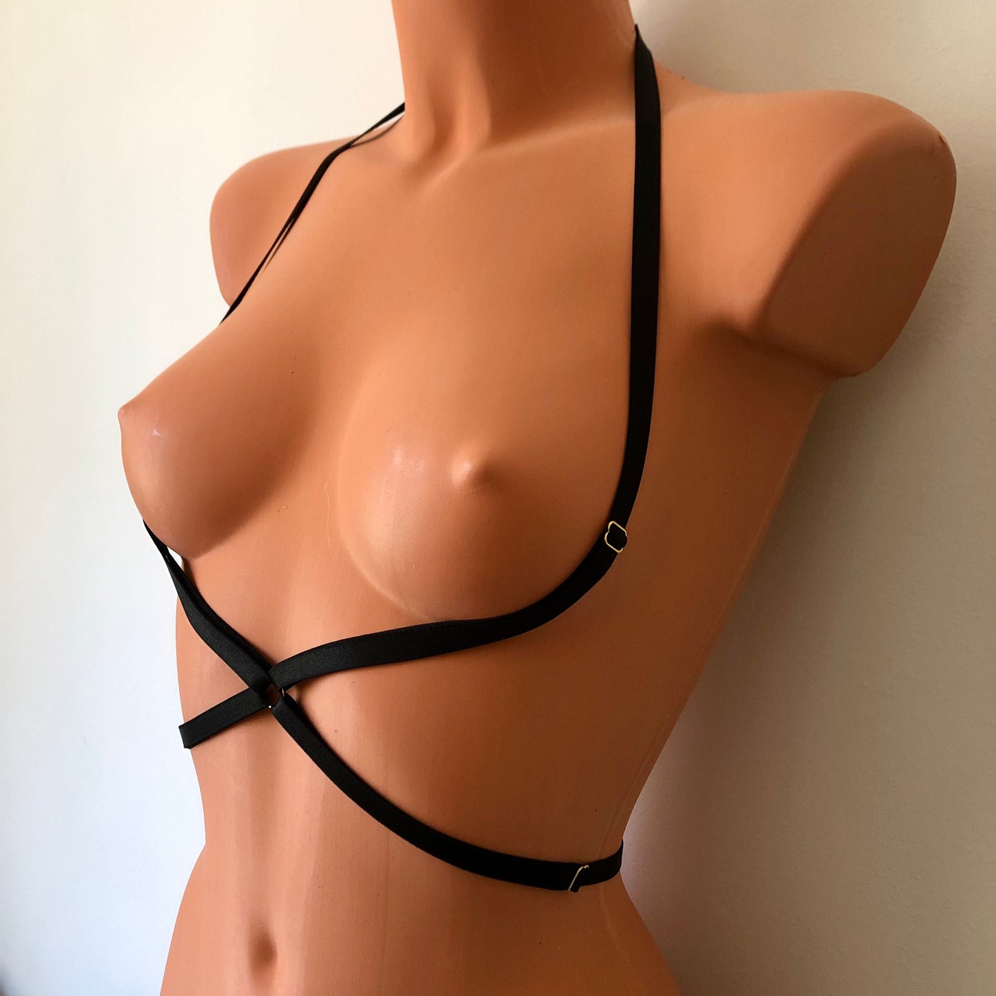 Elastic chest harness | low style to waistline body straps | cupless open cage bra | crotchless lingerie