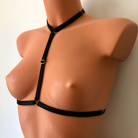 Elastic chest harness | choker style to underbust body straps | adjustable elastic cage bra waist harness