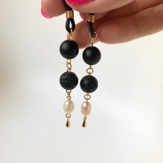 Black onyx - lava stone - cultured pearl beads non-piercing nipple jewellery