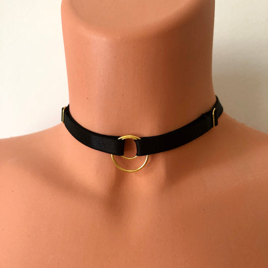 Satin elastic choker necklace with double rings | adjustable elastic harness