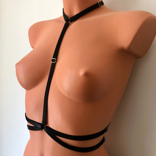 Double choker style to waistline elastic chest harness