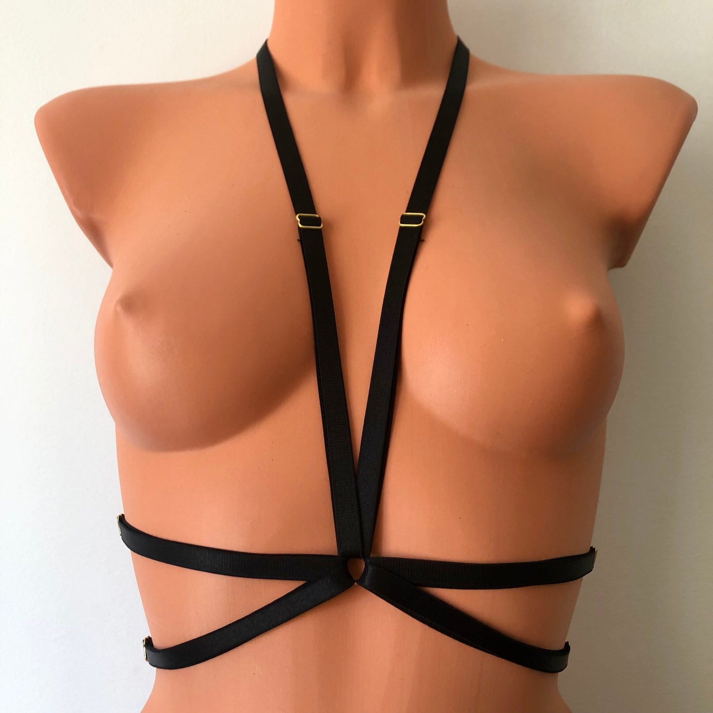 Double elastic chest harness | low style to waistline body straps | cupless open cage bra | crotchless lingerie