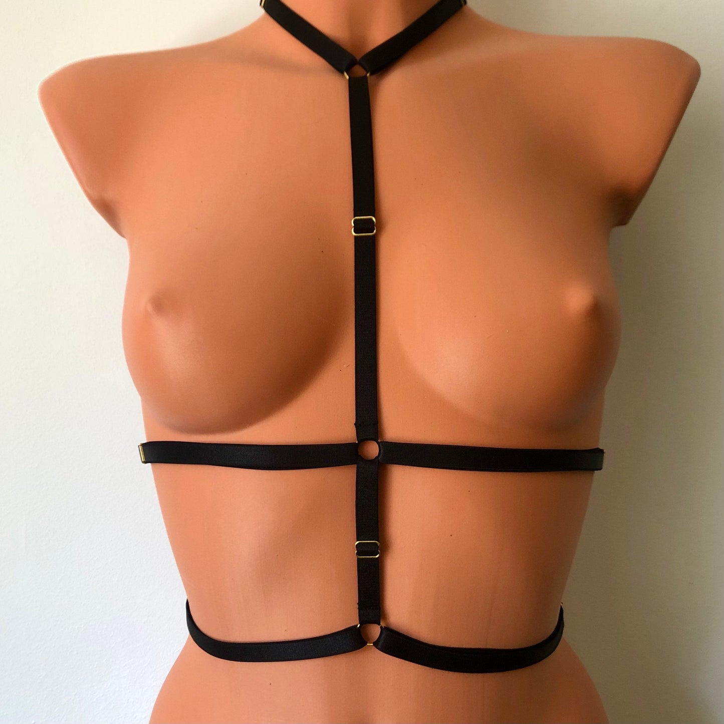 Elastic chest harness | choker style to underbust to waistline body straps | cupless open cage bra | crotchless lingerie