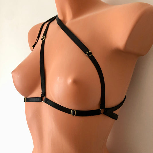 Asymmetric cage bra triangle bralette | adjustable elastic chest harness