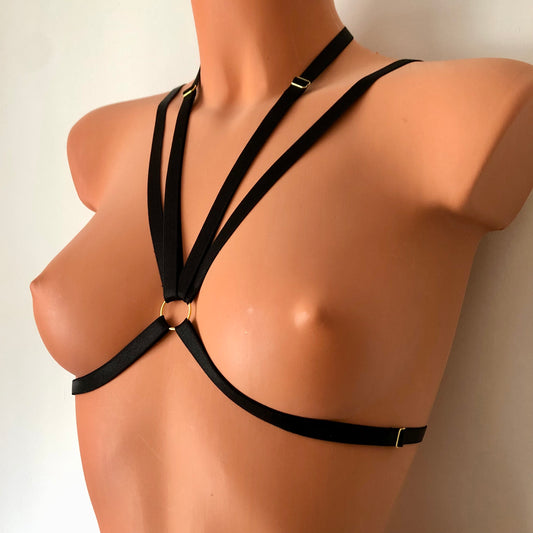 Elastic chest harness | V front V back underbust body straps | adjustable elastic cage bra waist harness