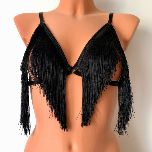 Black shimmy fringe cupless bra on a mannequin - front