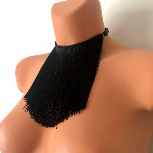 Black shimmy fringe choker on a mannequin - front diagonal