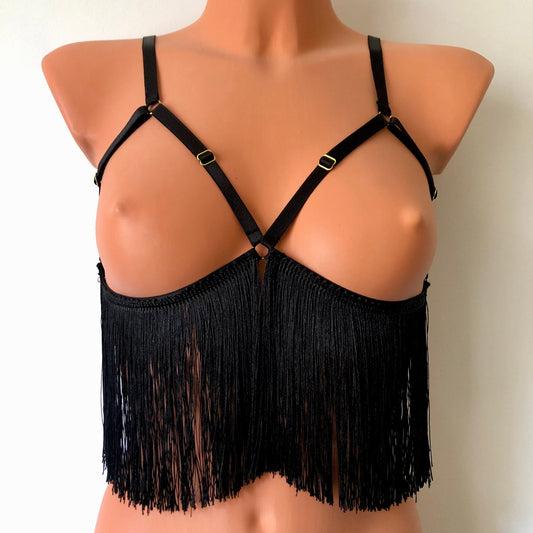 Black shimmy fringe cupless bra on a mannequin - front