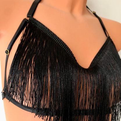 Black shimmy fringe draped halter bra on a mannequin - detail