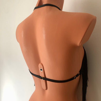 Black shimmy fringe halter bra on a mannequin - back diagonal