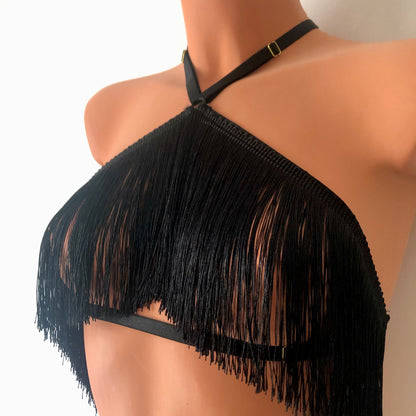 Black shimmy fringe halter bra on a mannequin - front diagonal