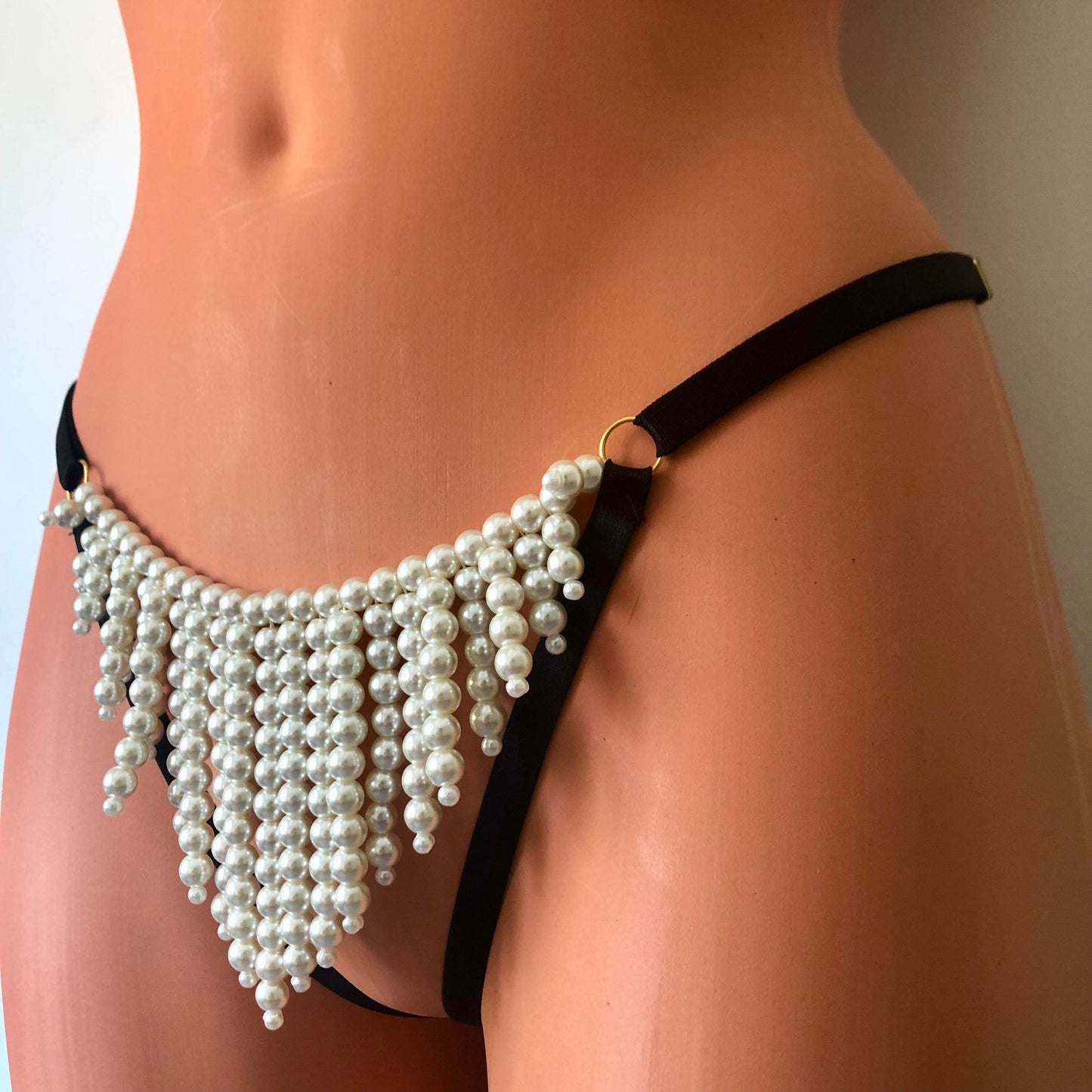 Pearl string curtain panties | sexy pearl panties | crotchless open lingerie | draped necklace pearl jewellery | draping chain jewelry