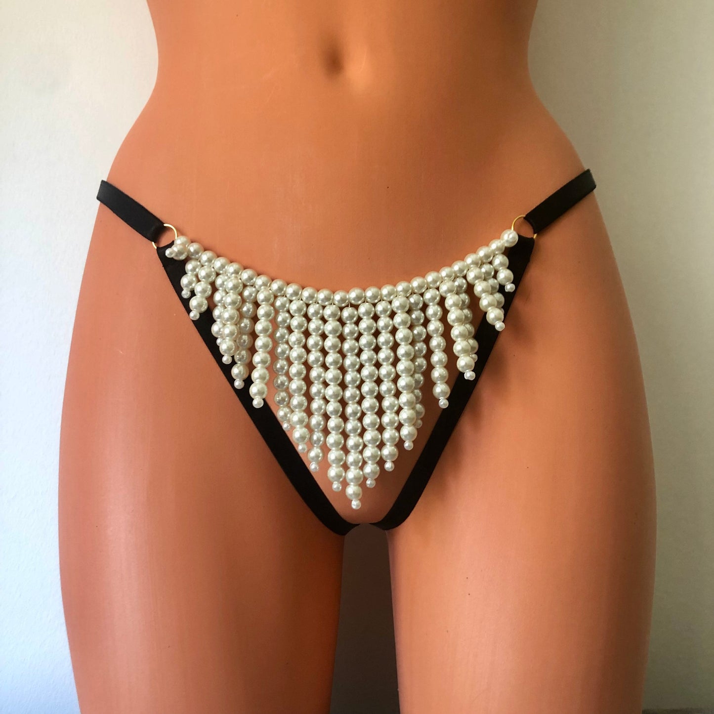 Pearl string curtain panties | sexy pearl panties | crotchless open lingerie | draped necklace pearl jewellery | draping chain jewelry