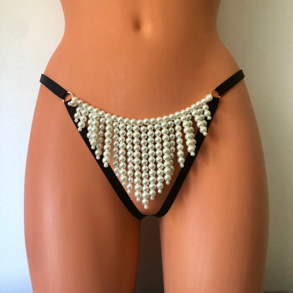 Pearl string curtain panties | sexy pearl panties | crotchless open lingerie | draped necklace pearl jewellery | draping chain jewelry