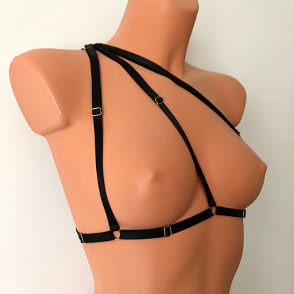 Asymmetric cage bra triangle bralette | adjustable elastic chest harness