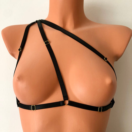 Asymmetric cage bra triangle bralette | adjustable elastic chest harness