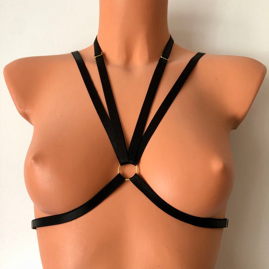 Elastic chest harness | V front V back underbust body straps | adjustable elastic cage bra waist harness