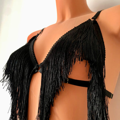 Black shimmy fringe cupless bra on a mannequin - front diagonal