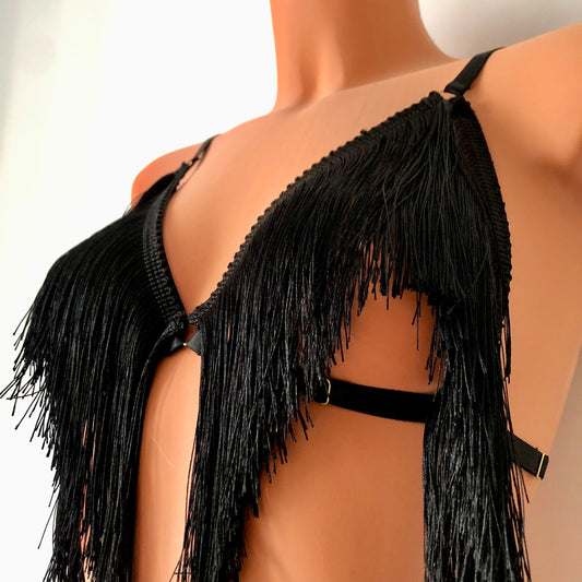 Black shimmy fringe cupless bra on a mannequin - front diagonal