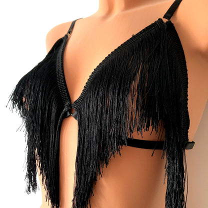 Black shimmy fringe cupless bra on a mannequin - front diagonal